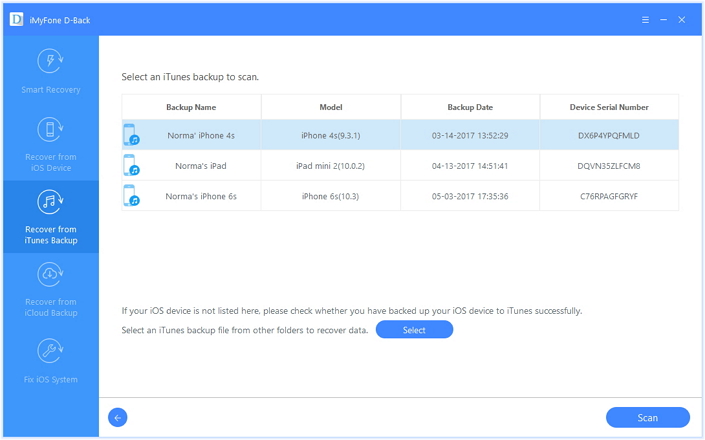 select itunes backup file to download