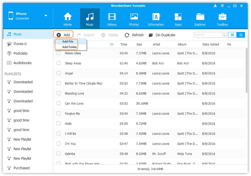 Add Folder to add music files to iPhone X/8