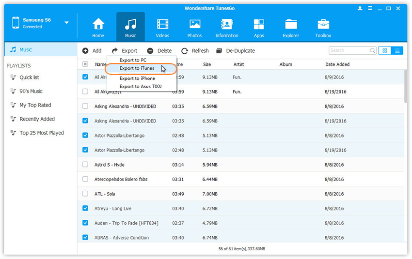 select music transfer from Samsung to iTunes