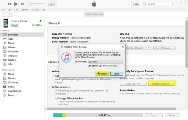 restore iPhone text messages with iTunes