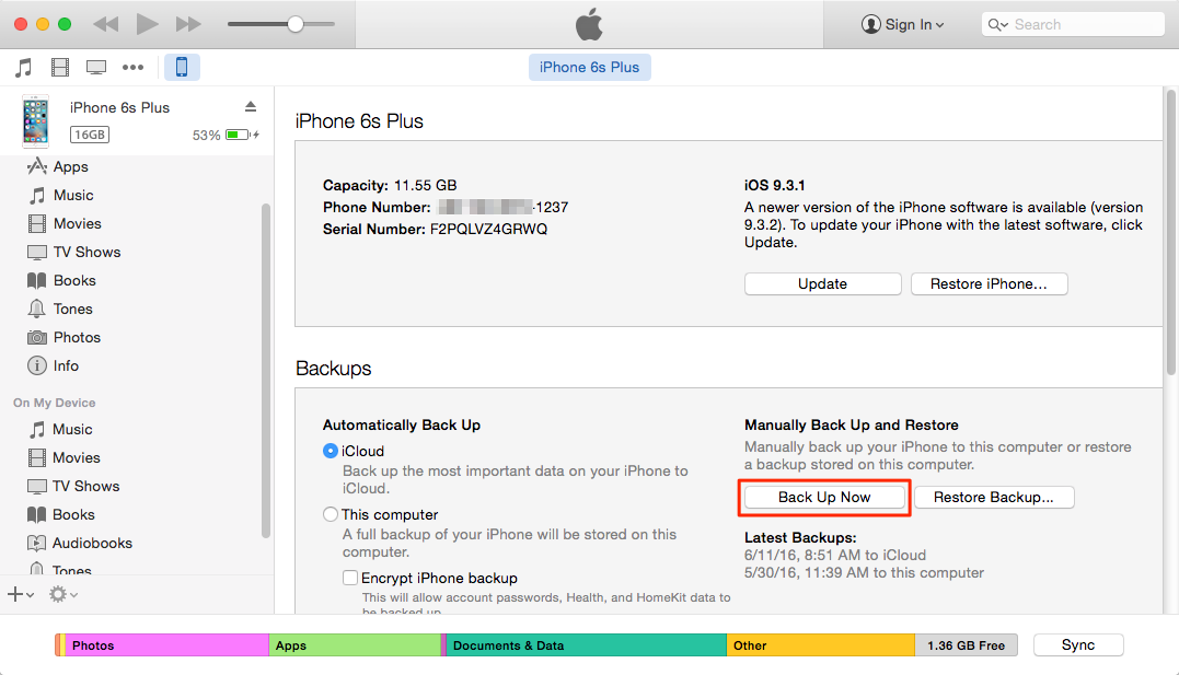 copia de seguridad de iPhone en iTunes