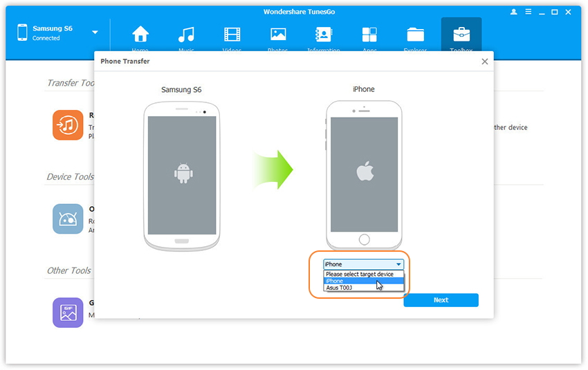 selecionar dispositivo de transferência de telefone