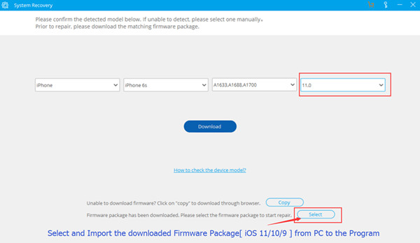 select and import ipsw file