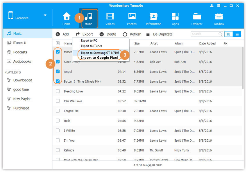 export Samsung music to google pixel
