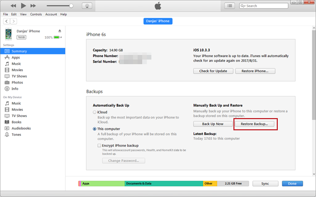 restaurar dados do iPhone no iTunes