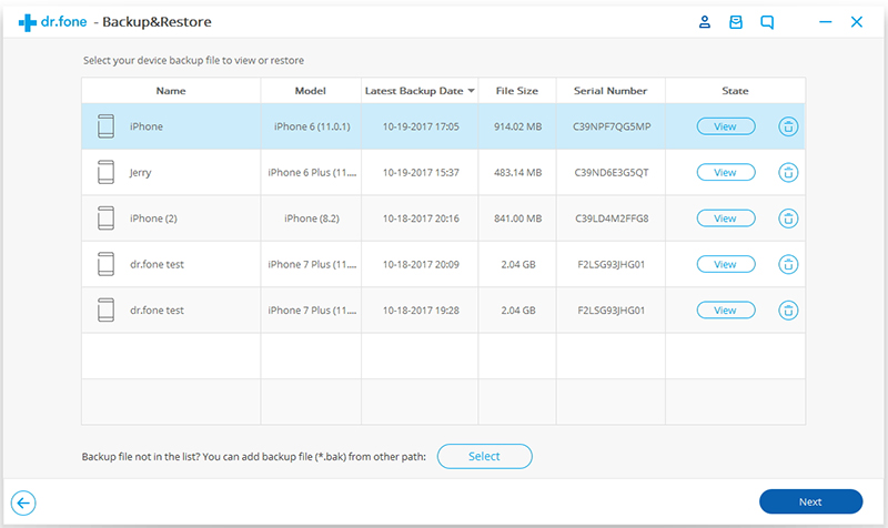 select backup file to restore
