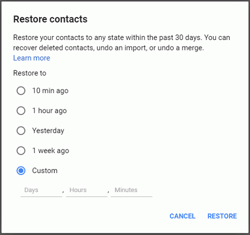 восстановить контакты из Gmail