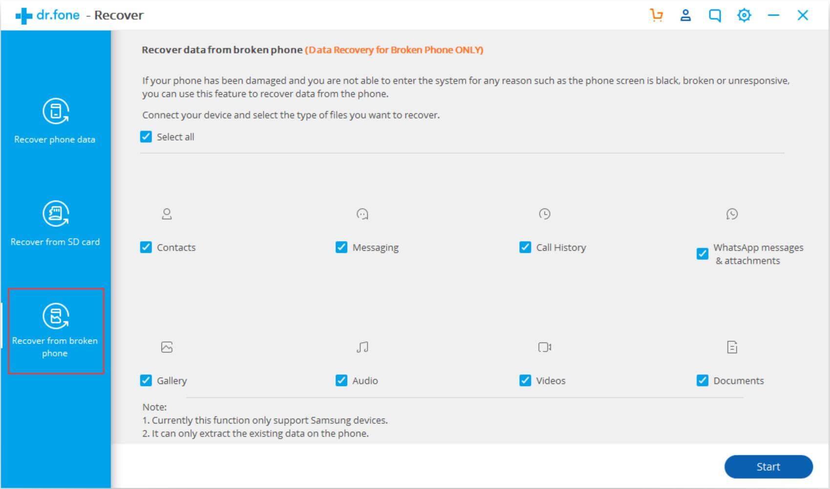 select file types from broken android phone