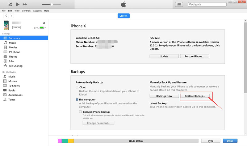 restore sms from iTunes
