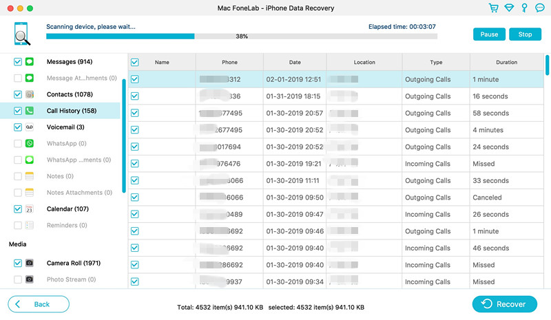 Escanear el historial de llamadas eliminadas del iPhone