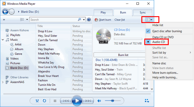 burn Spotify playlist to cd with windows media player