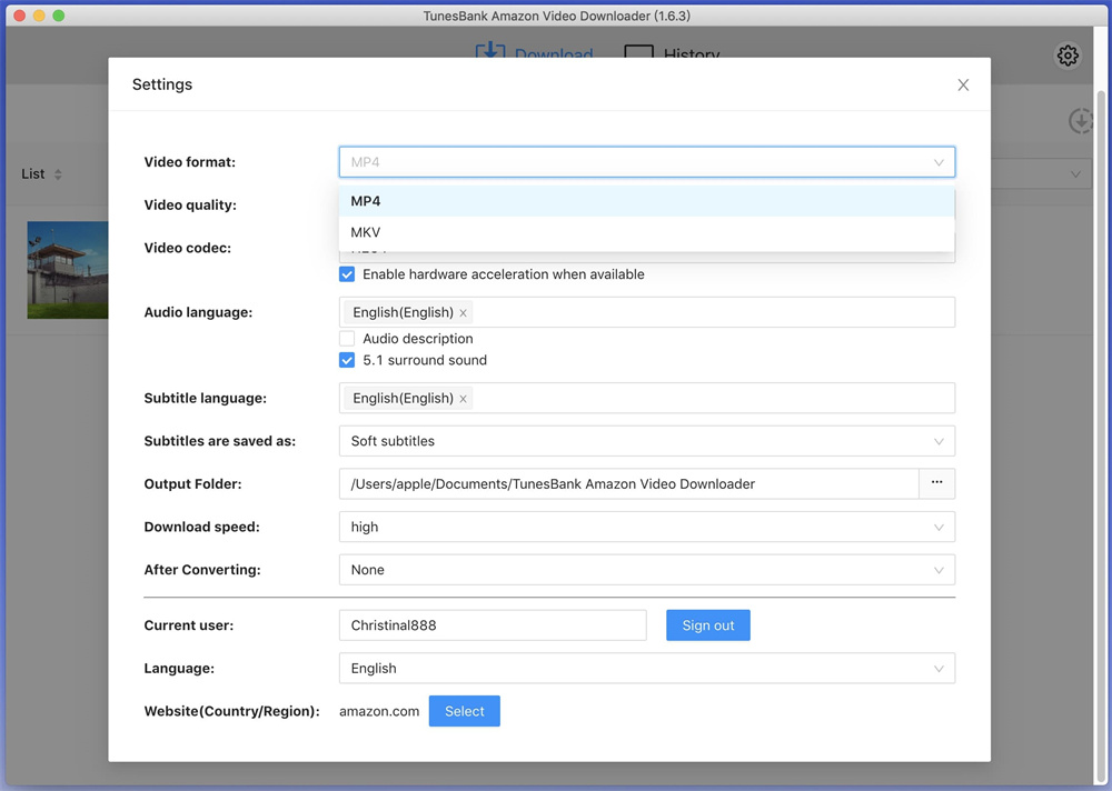 select mp4 format for amazon prime