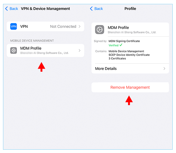 remove Remove Management on iPhone